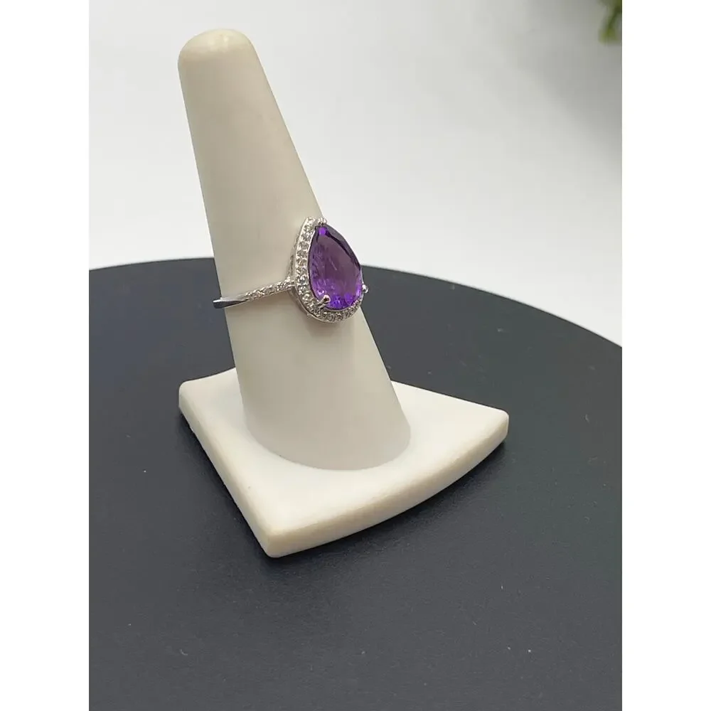 S925 Sterling Silver Pear‎ Shaped Purple Amethyst CZ ring Sze 8.25